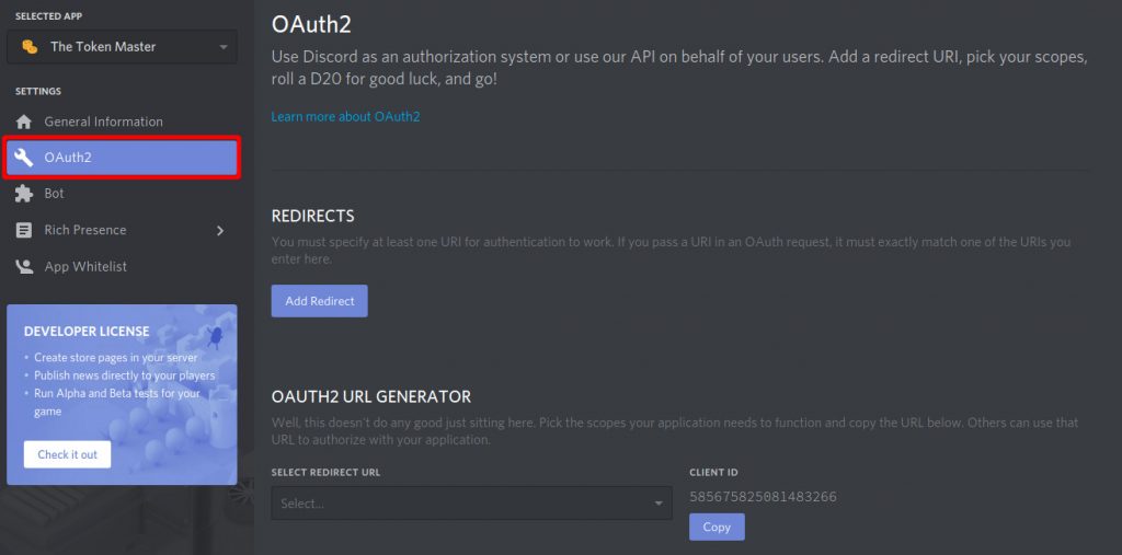 How to get a token for discord bot application