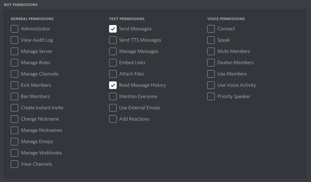 Discord Bot Permissions Checkbox Selection